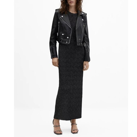 Mango Lurex Opening Maxi Dress Black Short Sleeve Shimmery Event Prom 6 NWT - Picture 2 of 16